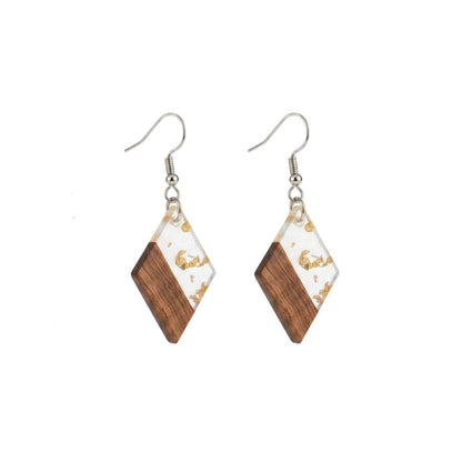 Clear Resin & Wood Silvertone Gold Foil Rhombus Hook Earrings