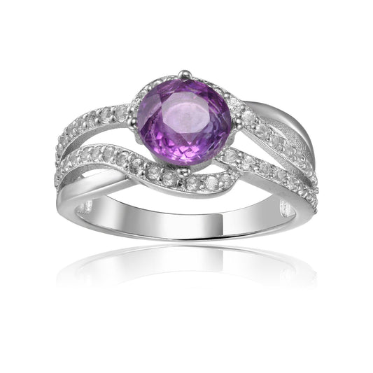 0.98 Ct Round Purple Amethyst and White Sapphire Prong Silver Cocktail Ring