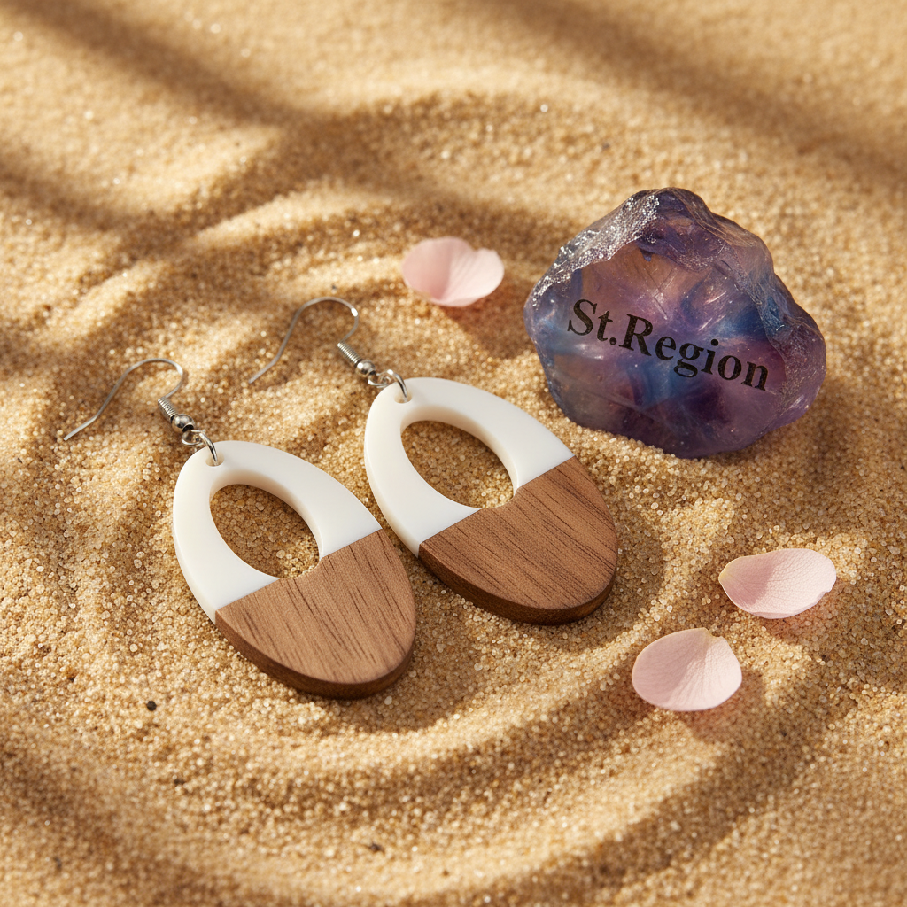 White Resin & Wood Silvertone Open Oval Hook Earrings