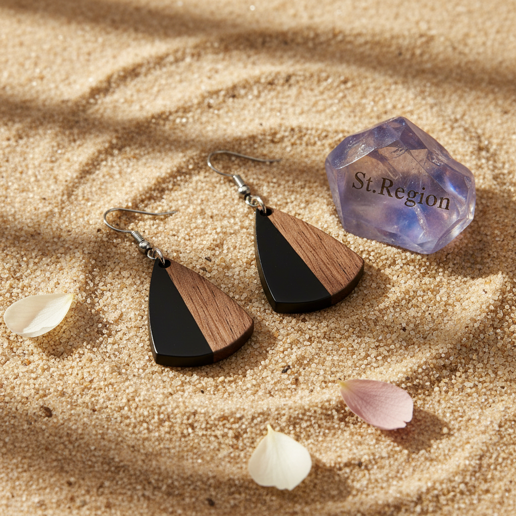Black Resin & Wood Silvertone Shield Hook Earrings