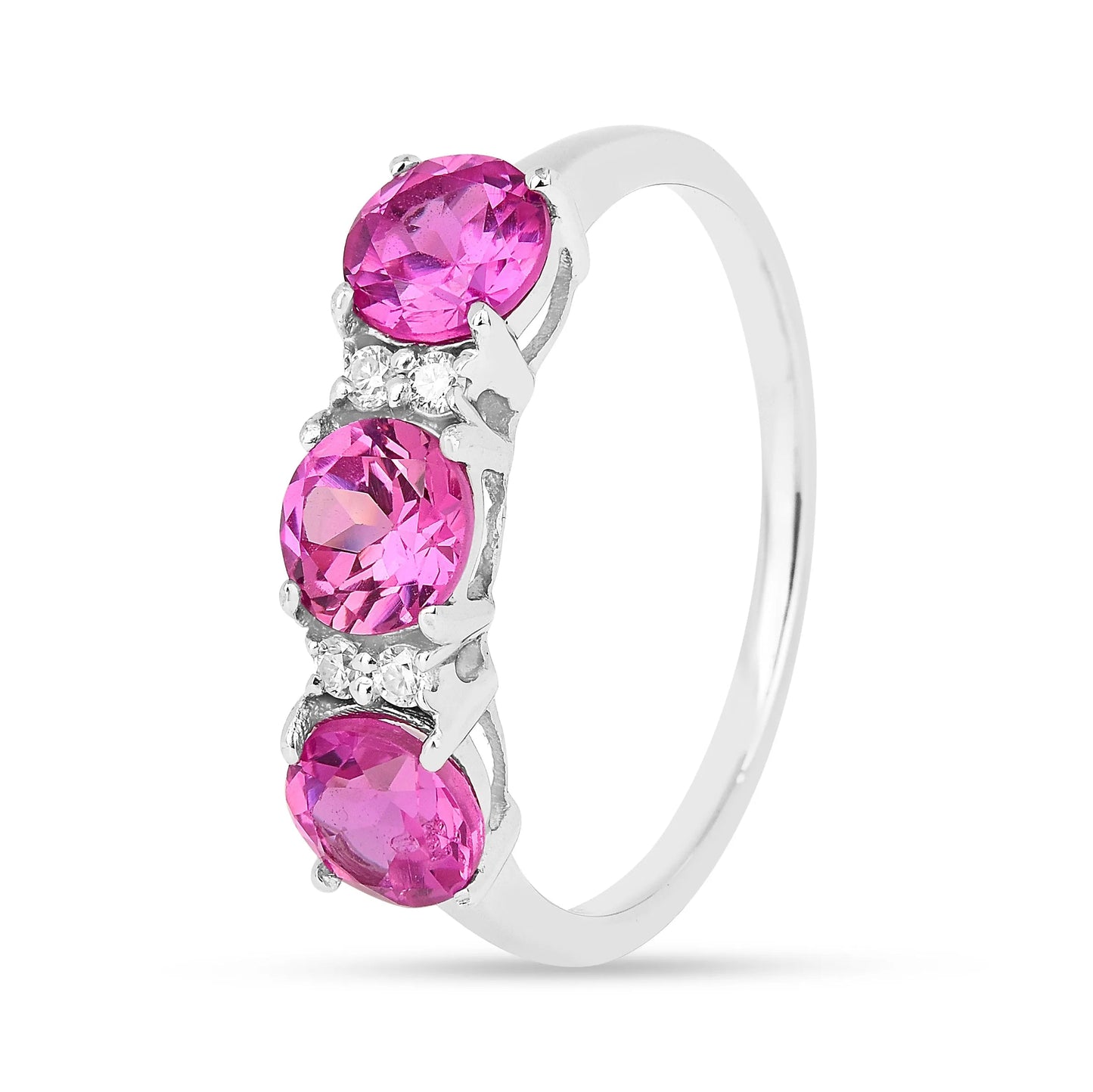1.65 Ct Round Pink Sapphire Prong Silver Three Stone Ring