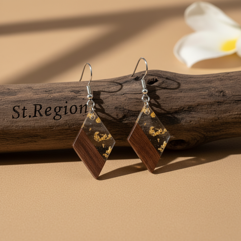 Clear Resin & Wood Silvertone Gold Foil Rhombus Hook Earrings