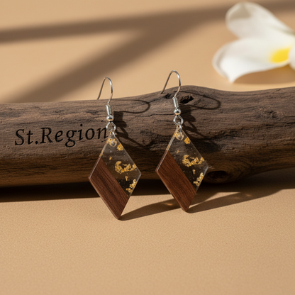 Clear Resin & Wood Silvertone Gold Foil Rhombus Hook Earrings