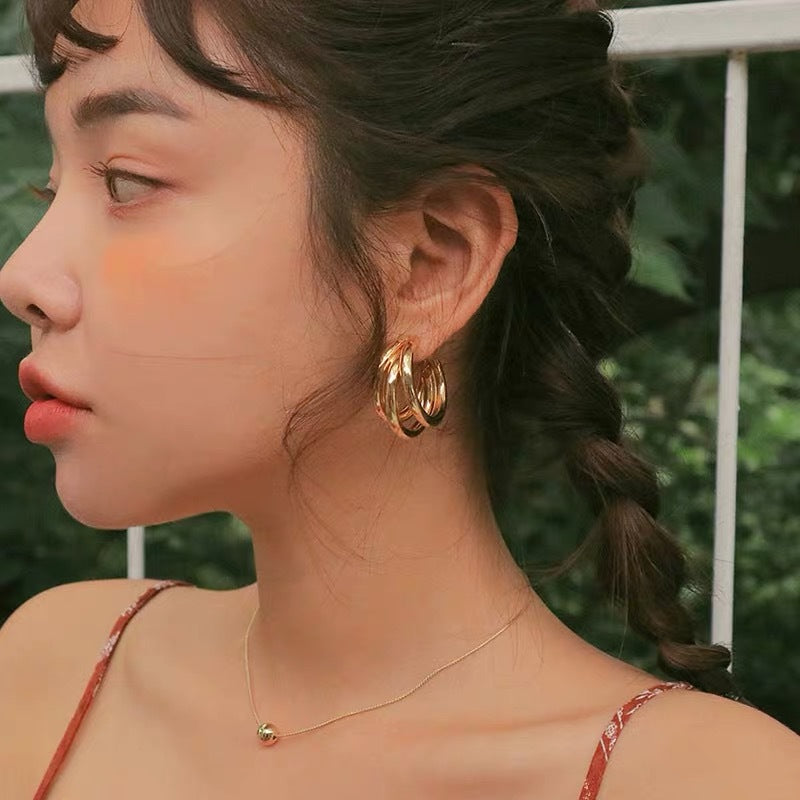 Triple Chunky Hoop Gold Plated Earrings with Gift Pouch