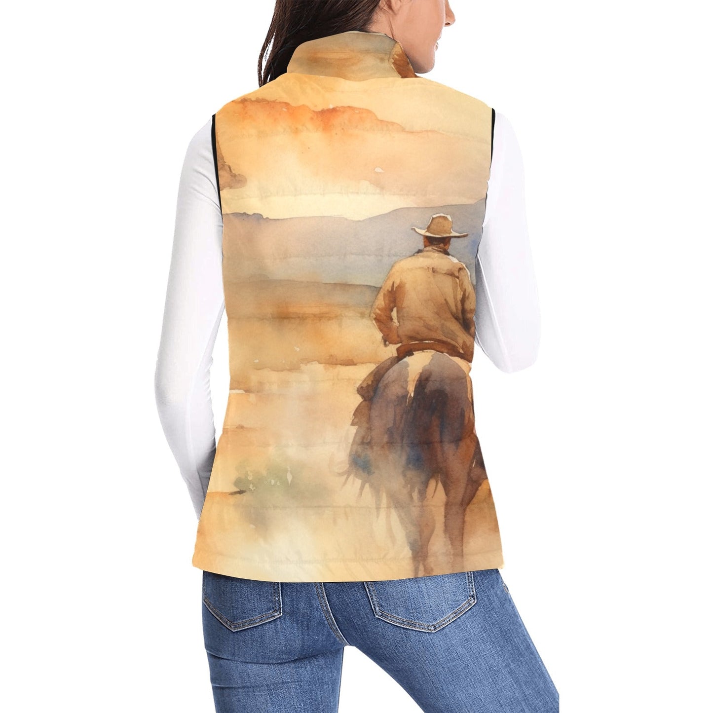 Baha Ranch Watercolor Cowboy Women's Western Puffy Vest