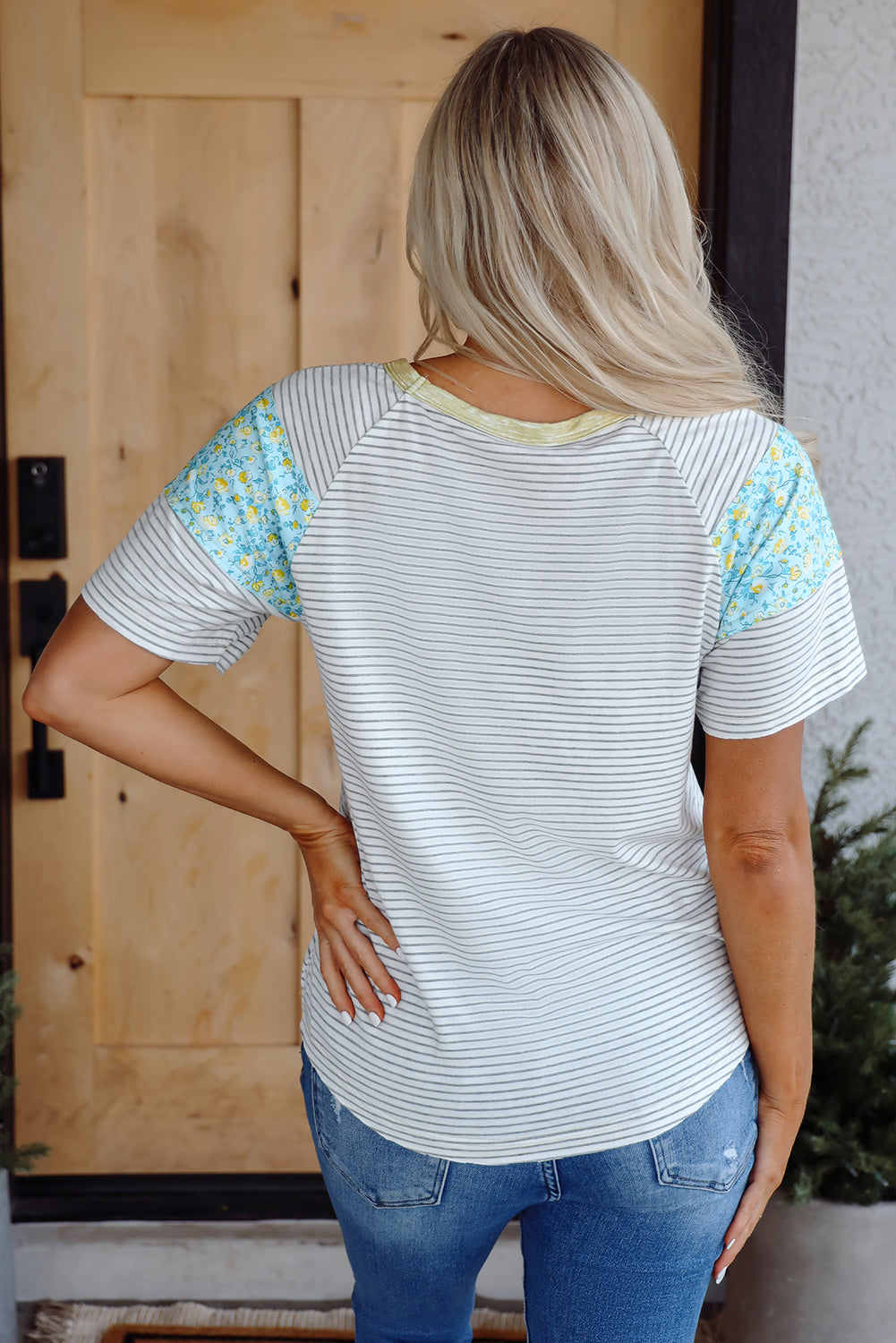 Threaded Pear Chana Stripe Floral Sleeves Top