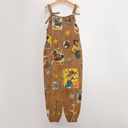 Baha Ranch Vintage Cowgirl Collage Overalls Jumpsuit