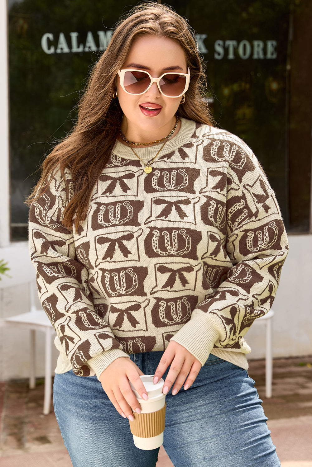 Threaded Pear Magnolia Horseshoe Print Checkered PLUS Sweater