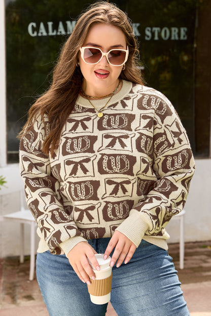 Threaded Pear Magnolia Horseshoe Print Checkered PLUS Sweater
