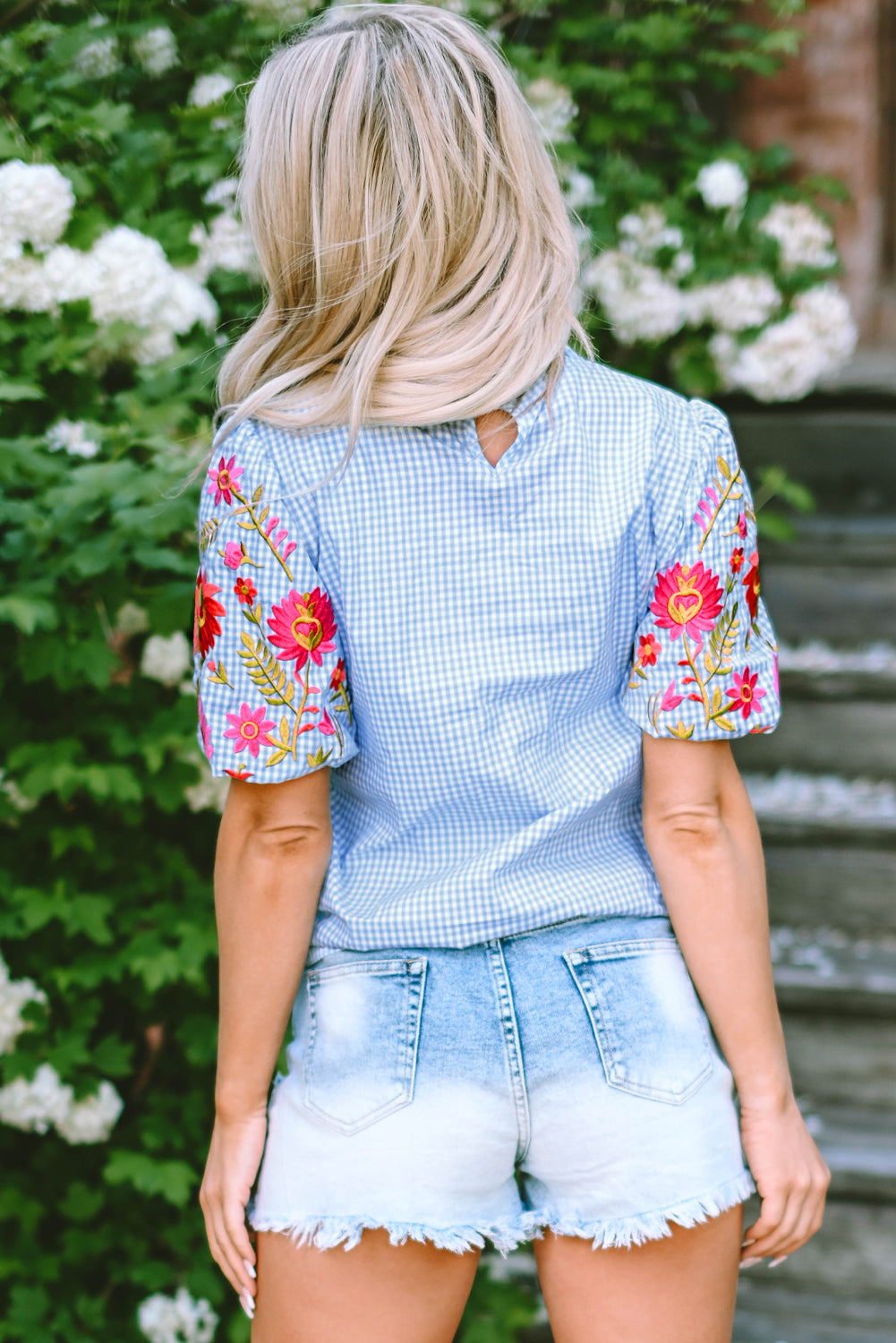 Threaded Pear Pearl Gingham Floral Embroidered Puff Sleeve Blouse