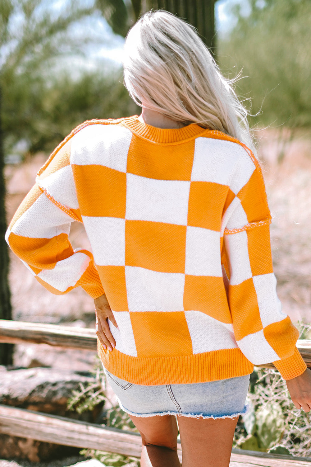 Threaded Pear Ashley Checkered Bishop Sleeve Sweater