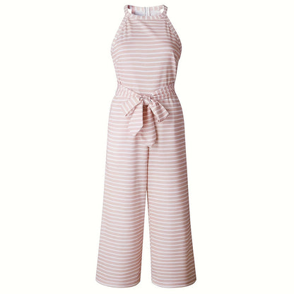 Women's Striped Halter Neck Jumpsuit with Self-Tie Belt & Wide-Leg Crop