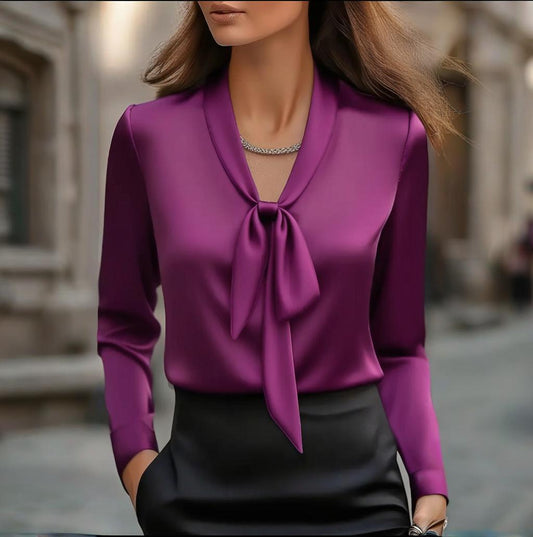 Elegant Satin Ribbon Blouse — Long Sleeve Button-Down Work Shirt