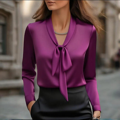 Elegant Satin Ribbon Blouse — Long Sleeve Button-Down Work Shirt