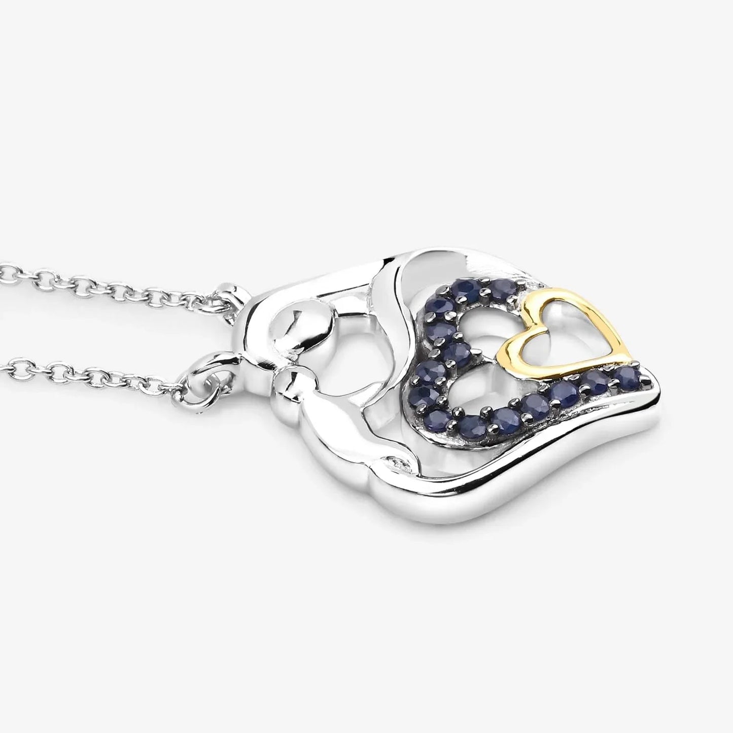 Round Blue Sapphire Prong Silver Double Heart Pendant Necklace