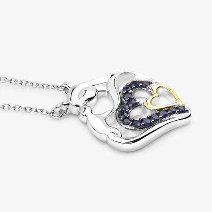 Round Blue Sapphire Prong Silver Double Heart Pendant Necklace