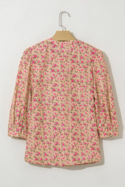 Threaded Pear Sadie Floral Bow Pin-tuck Bust Half Puff Sleeve Blouse
