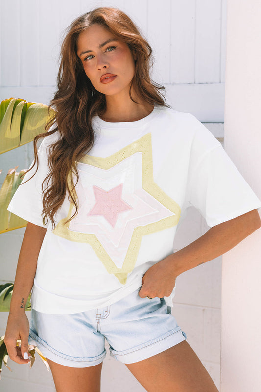 Threaded Pear Lisa Layered Star Patched Half Sleeve Loose Top