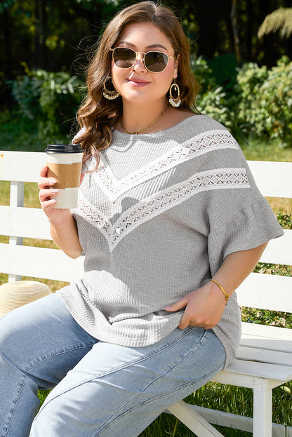 Threaded Pear Rory Plus Size Lace Insert Waffle Ruffle Top
