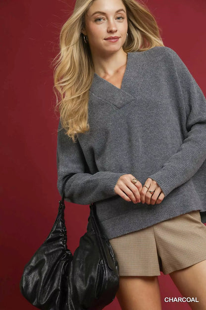Umgee V-Neck Sweater with Wide Trim Detail