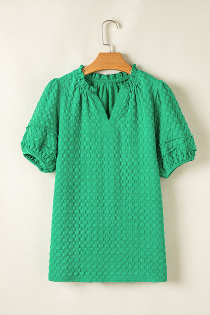 Threaded Pear Kalani Textured Puff Short Sleeve Notched V Neck Top