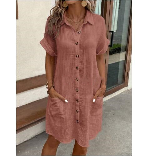 Women's Cotton Linen Shirt Dress – V-Neck Button-Front A-Line Dress