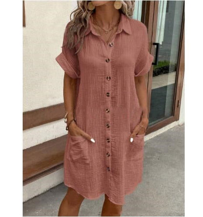 Women's Cotton Linen Shirt Dress – V-Neck Button-Front A-Line Dress