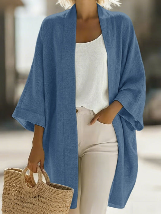 Women's Japanese Linen-Blend Kimono Cardigan – Open Front 3/4 Sleeve