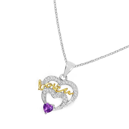 Heart Purple Amethyst Prong Silver Mom Charm Necklace
