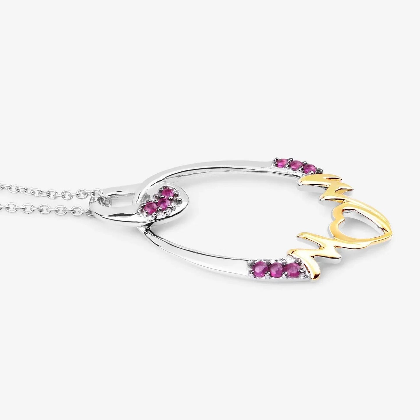 Round Pink Ruby Prong Silver Mom Heart Pendant Necklace