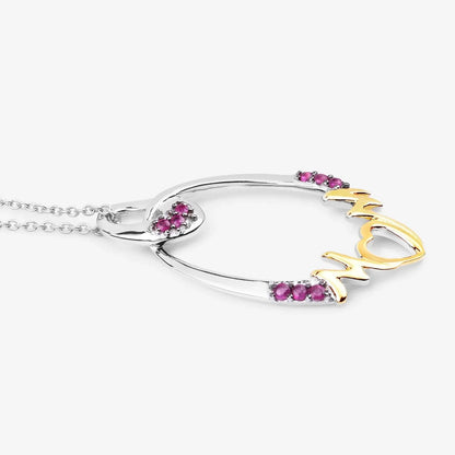 Round Pink Ruby Prong Silver Mom Heart Pendant Necklace
