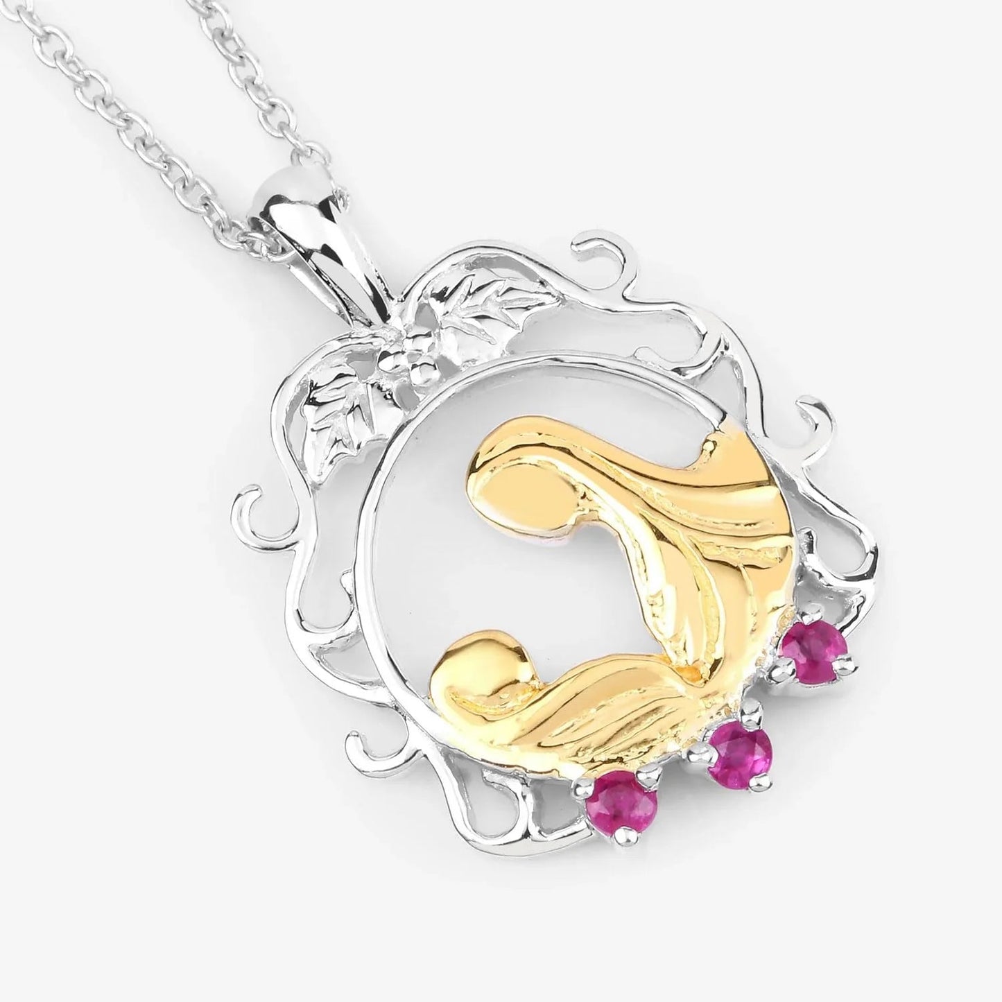 Round Pink Ruby Prong Silver Pendant Necklace