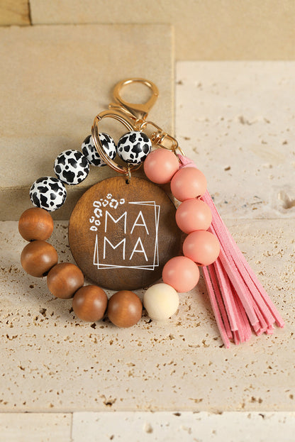 Threaded Pear MAMA Wood Pendant Leopard Fringe Keychain
