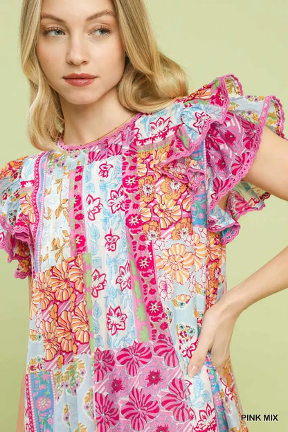 Umgee Mix Patchwork Flutter Sleeve Mini Dress