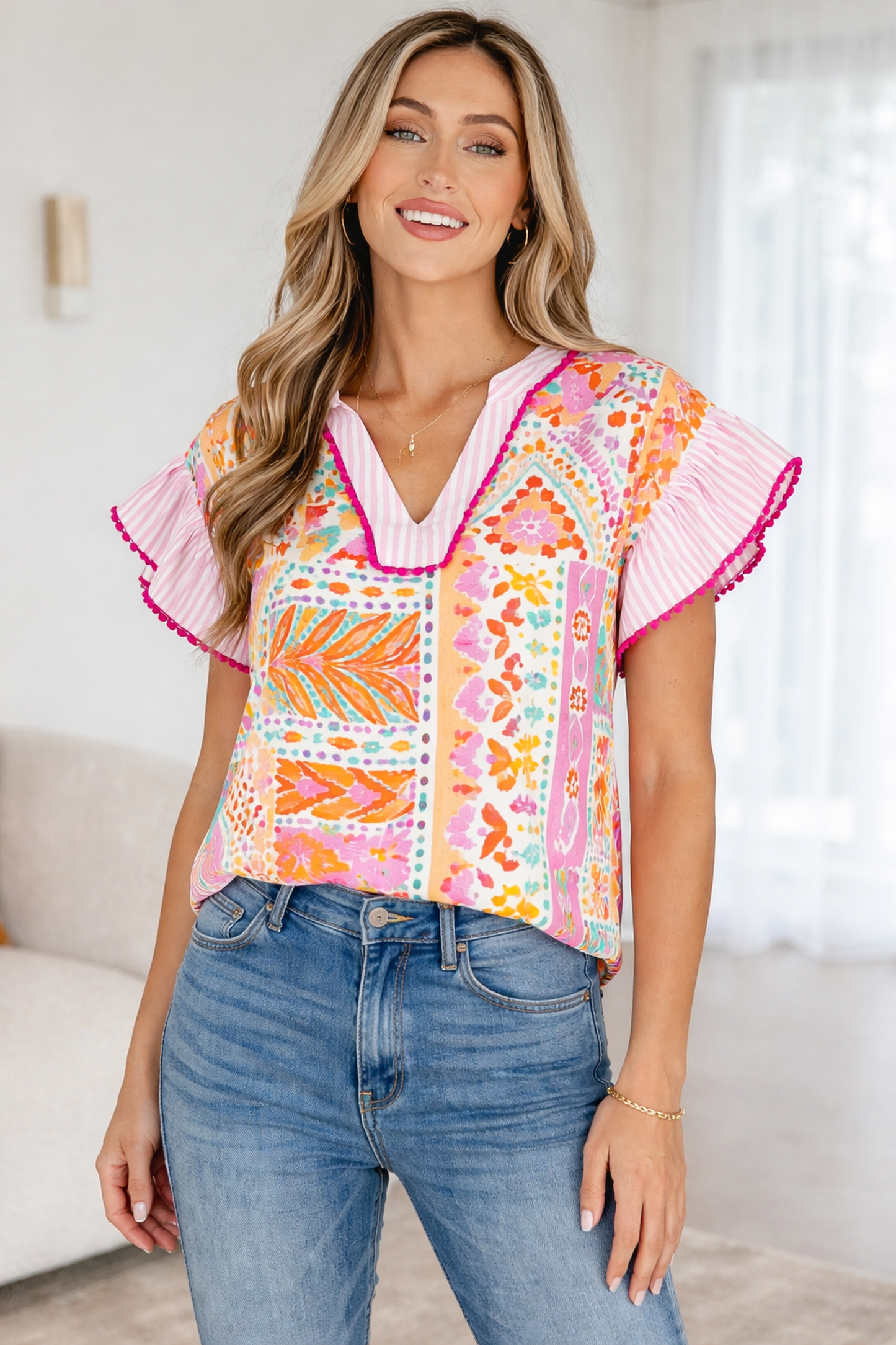 Threaded Pear Giovanna Tiered Short Sleeve Blouse