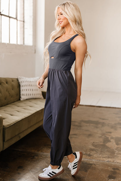 Threaded Pear Avianna Back Crossed Straps Hollow Out Jogger Jumpsuit