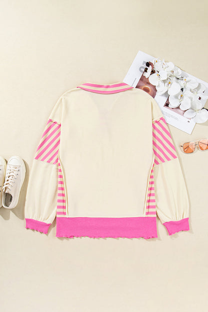 Threaded Pear Pink Stripe Contrast Polo Collar Drop Shoulder Patchwork Plus Size Pullover