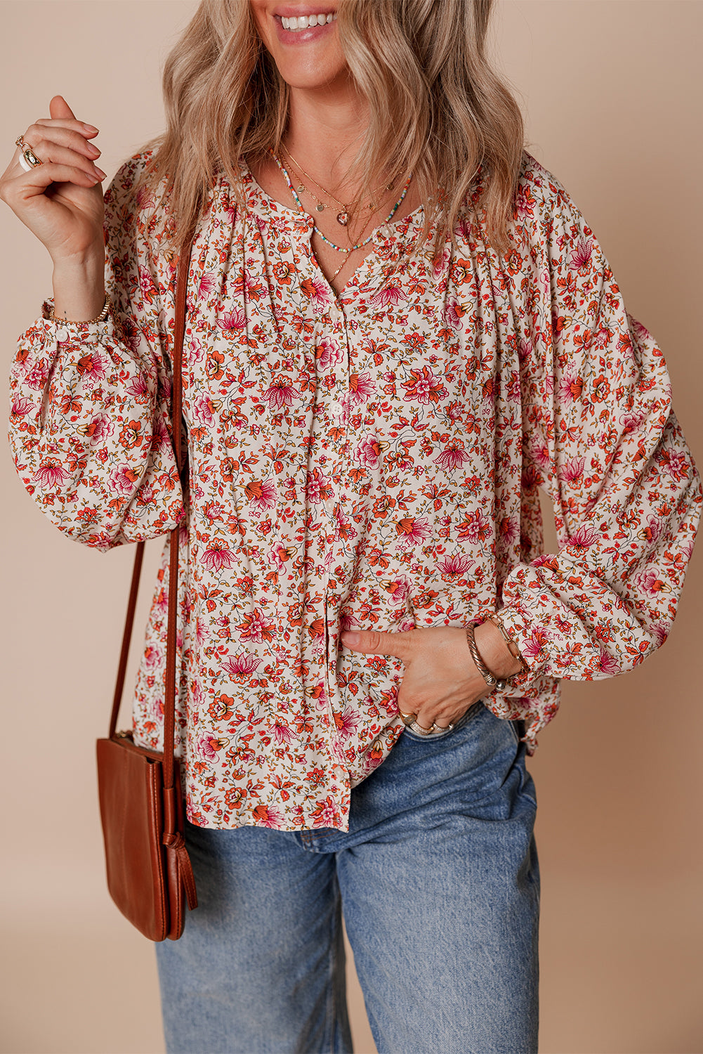 Threaded Pear Carter Notched Puff Sleeve Blouse