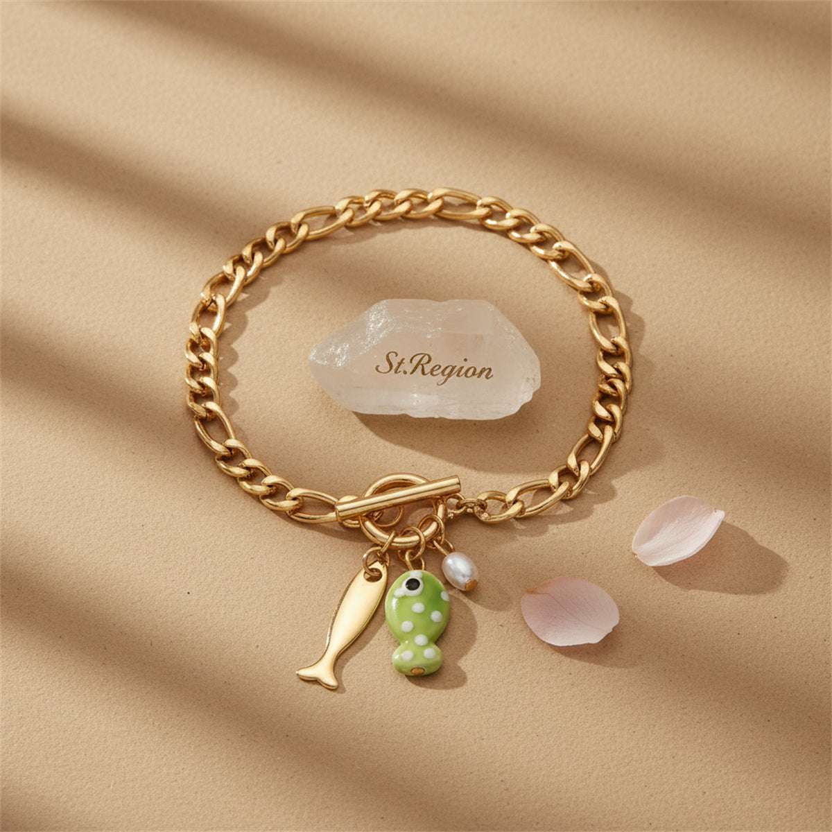 Green Resin & Pearl Goldtone Fish Charm Toggle Anklet