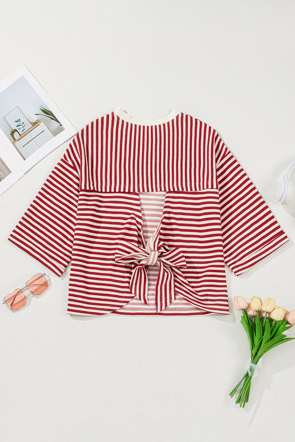 Riley Stripe Bowknot Cutout Back Loose Top by Threaded Pear