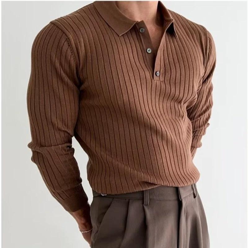 Men's Polo Shirt - Lapel Button Long Sleeve Slim Fit
