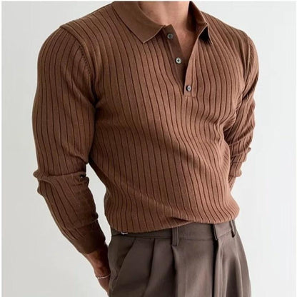 Men's Polo Shirt - Lapel Button Long Sleeve Slim Fit