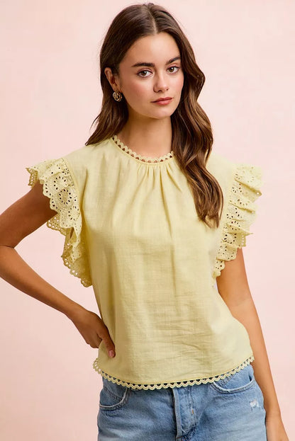 BiBi Cotton Solid Ruffle Sleeve Lace Detail Blouse Top