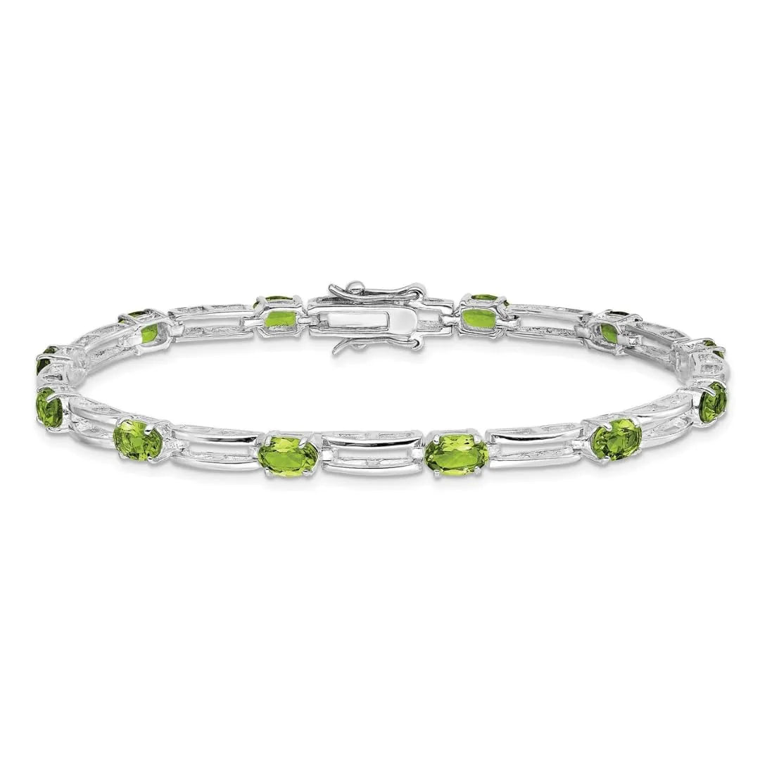 Oval Green Peridot Prong Rhodium Plated Sterling Silver Bar Link Bracelet