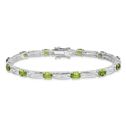 Oval Green Peridot Prong Rhodium Plated Sterling Silver Bar Link Bracelet