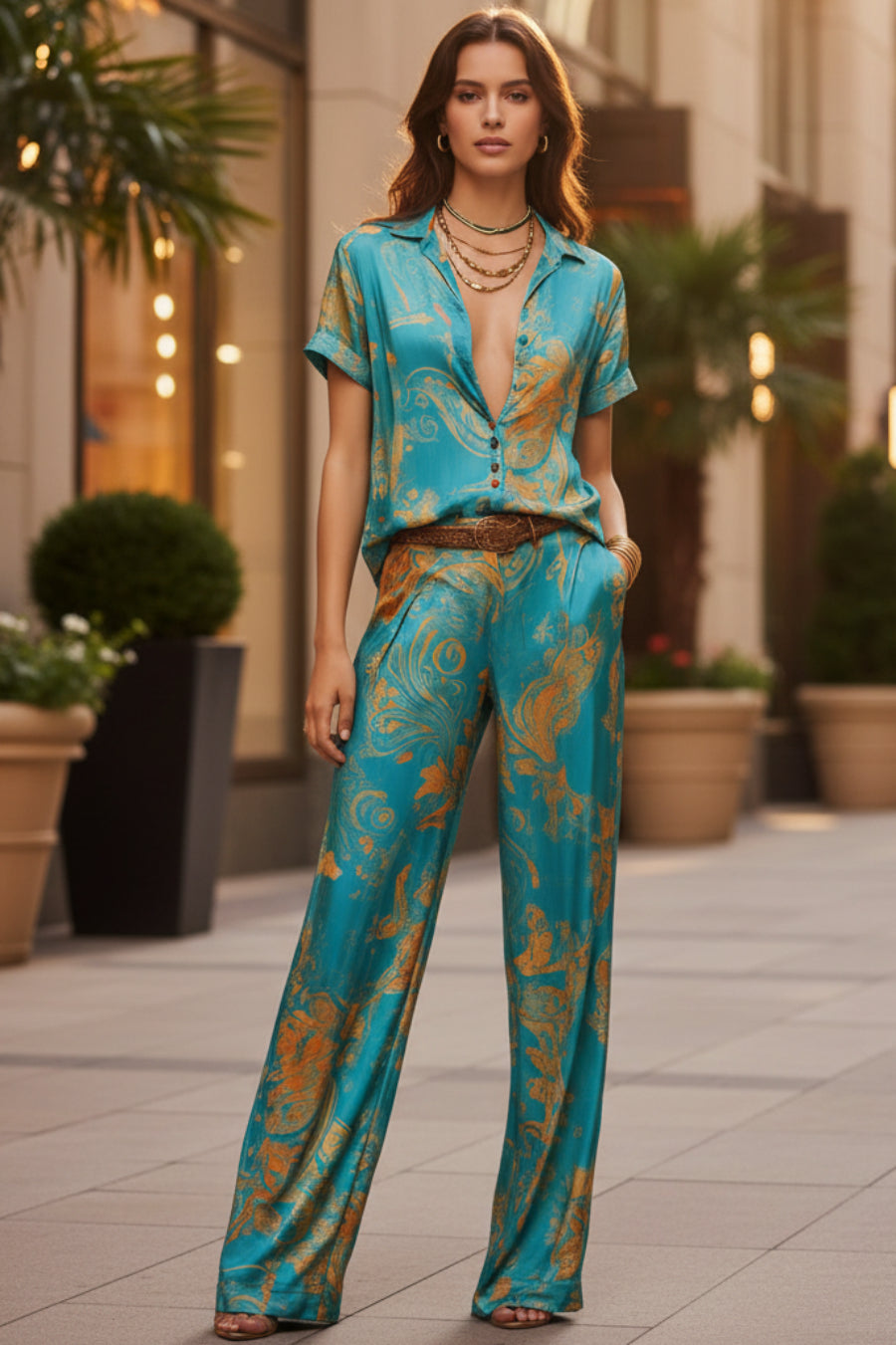 Women's Marble Swirl Print Satin-Look Short Sleeve Shirt & Wide-Leg Pants Resort Set
