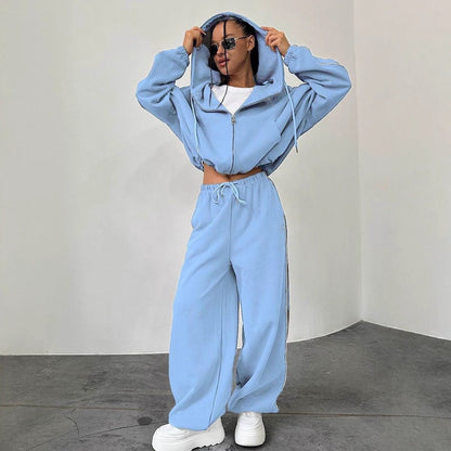Women's Oversized Cropped Zip-Through Hoodie & Wide-Leg Sweatpants Set