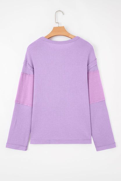 Threaded Pear Sawyer Contrast Textured Patchwork Long Sleeve Top