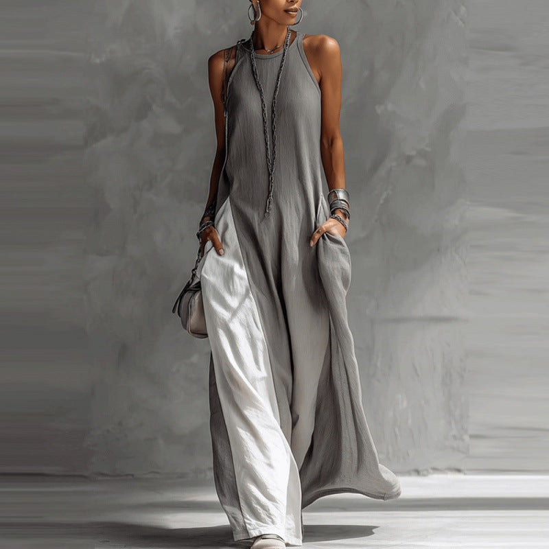 Off-Shoulder Color-Block Flared Maxi Dress with Pockets