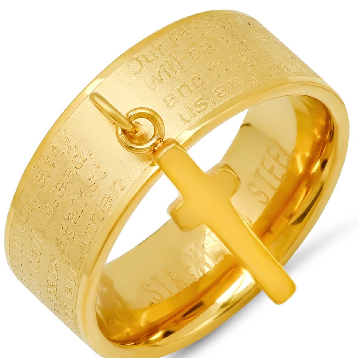 Our Father Prayer Ring Band With Cross Charm